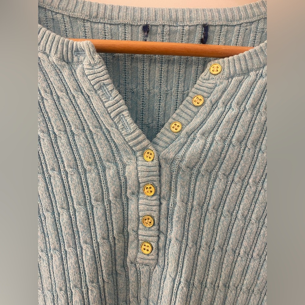 Women’s Aqua Blue Cable Knit Henley Sweater Coastal Grandma Spring Pullover M - Picture 4 of 7